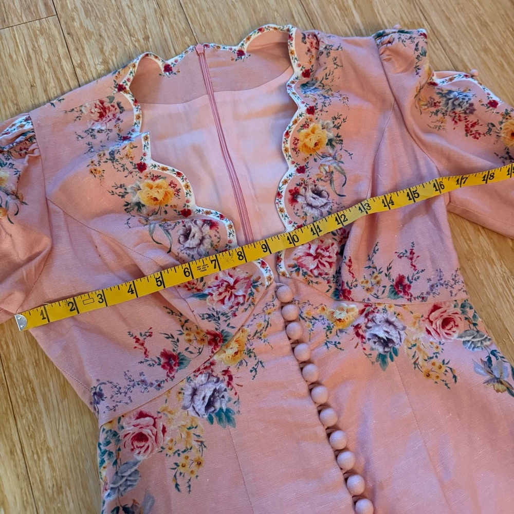 Zimmermann Zinnia Scallop Mini Dress Pink Floral Long Sleeve Linen - Size XS - Picture 13 of 15